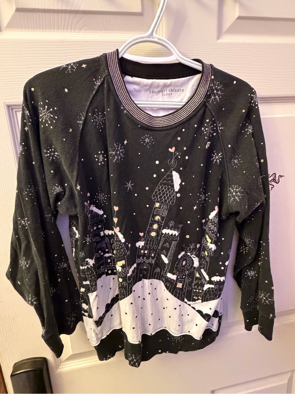 Tsumori Chisato Black Castle Graphic Crewneck Sweater with White Snow Accents